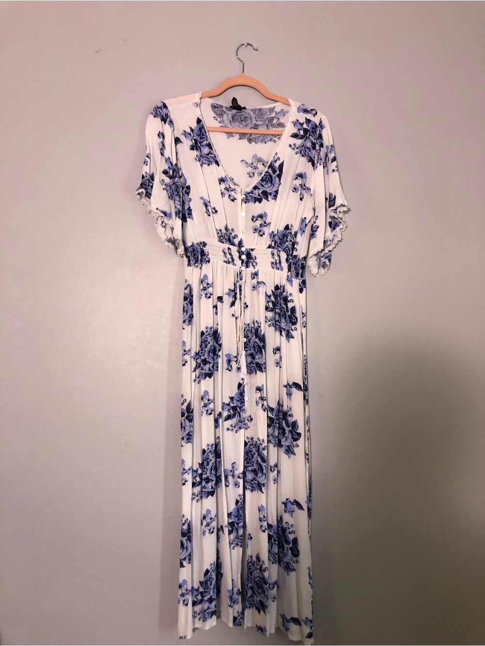 Rue21 White Maxi Dress with Blue Floral Print